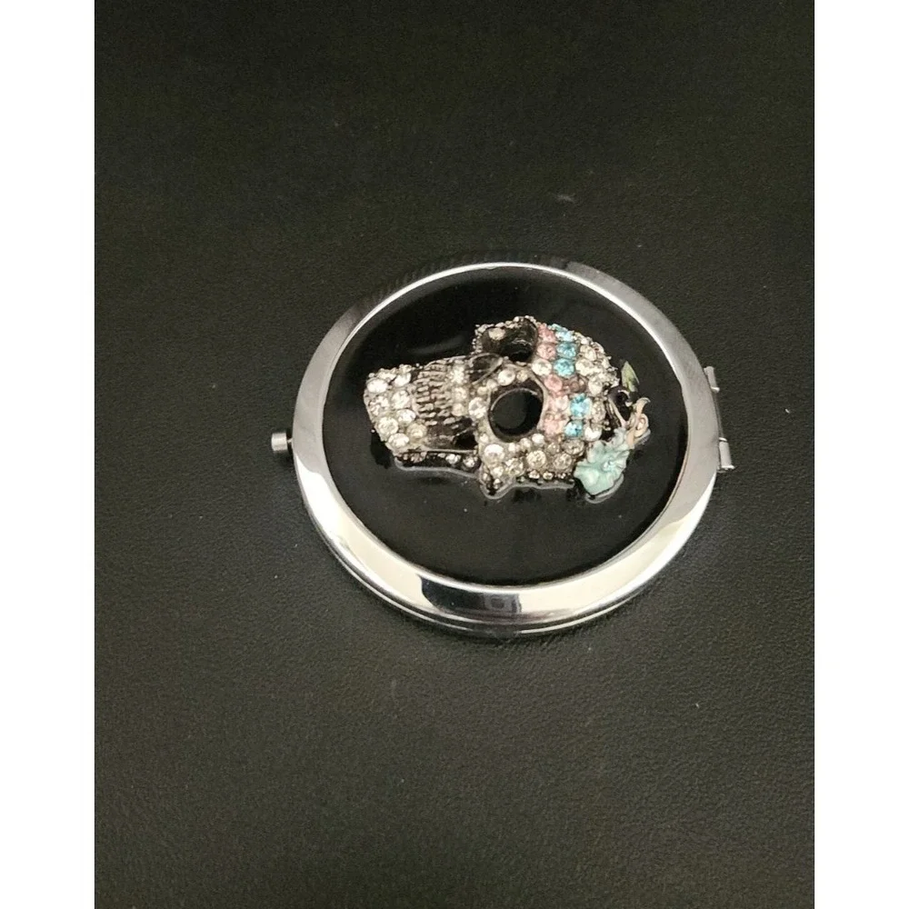 Glossy Black Skull Compact Mirror Rhinestone 3D Double Sided Pre-Owned